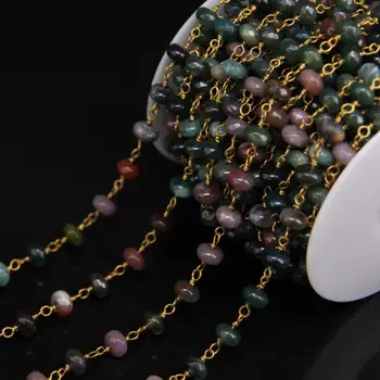 

5x8mm Size Indian agates Faceted Rondelle Copper Chain,Brass Wire Wrapped Link Green Gems Bead Rosary Chain Jewelry making
