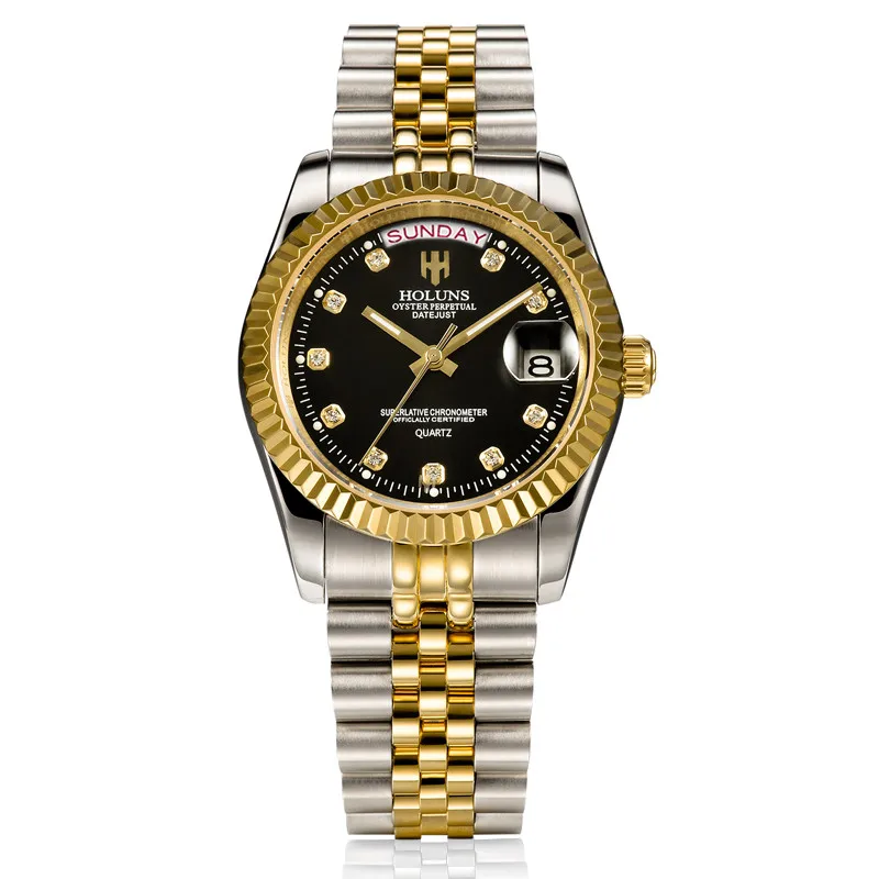 Holuns мужские часы Роскошные Топ брендовые золотые бриллиантовые кварцевые часы из нержавеющей стали с календарем Мужские наручные часы - Цвет: R114 simple package