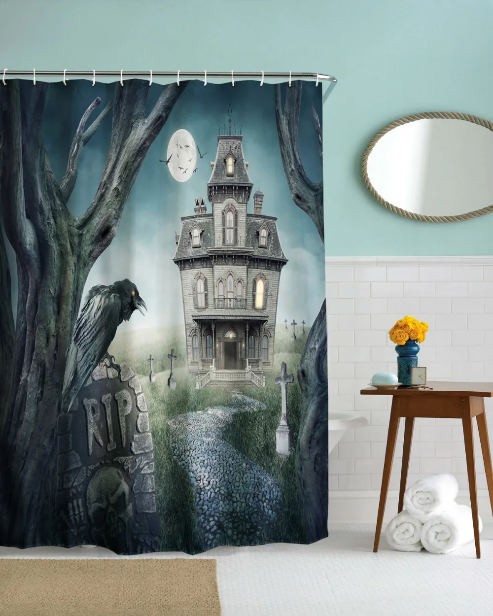 Cool Crow Castle Bathroom Shower Curtains Waterproof Polyester Fabrics Bath Curtains Moon House