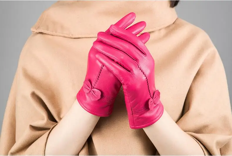 CUHAKCI зимние перчатки женские из натуральной кожи перчатки из овчины Цветочные бант Модные женские черные красные ветрозащитные лыжные перчатки