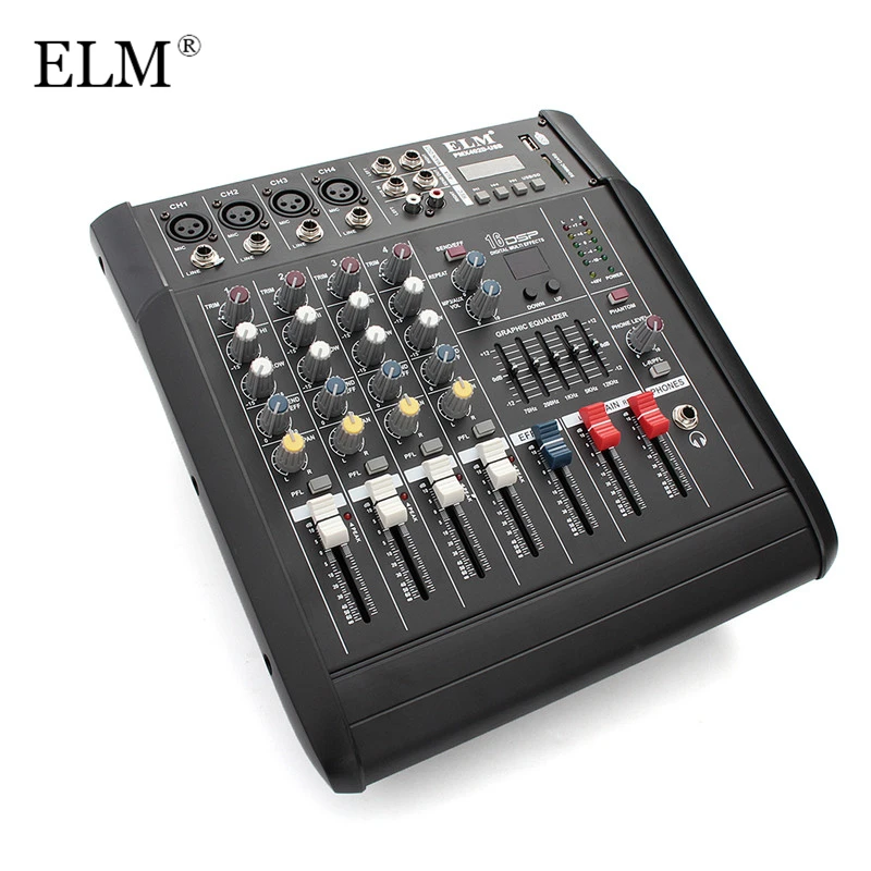 

ELM Mini Karaoke Audio Mixer Controller 4 Channel Microphone Sound Mixing Console Amplifier With USB Built-in 48V Phantom Power