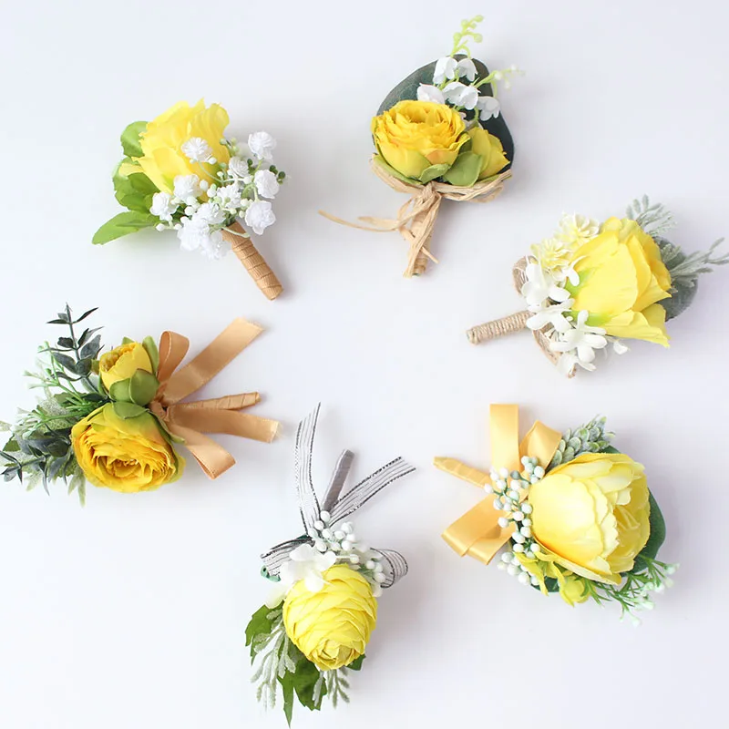 Boutonniere Flowers wedding wrist corsage flowers silk roses yellow  (30)