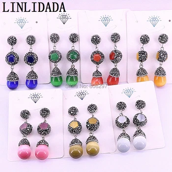 

New 6Pair Pave rhinestone mix color cat eye stone earrings, opal stone long dangle earrings women jewelry