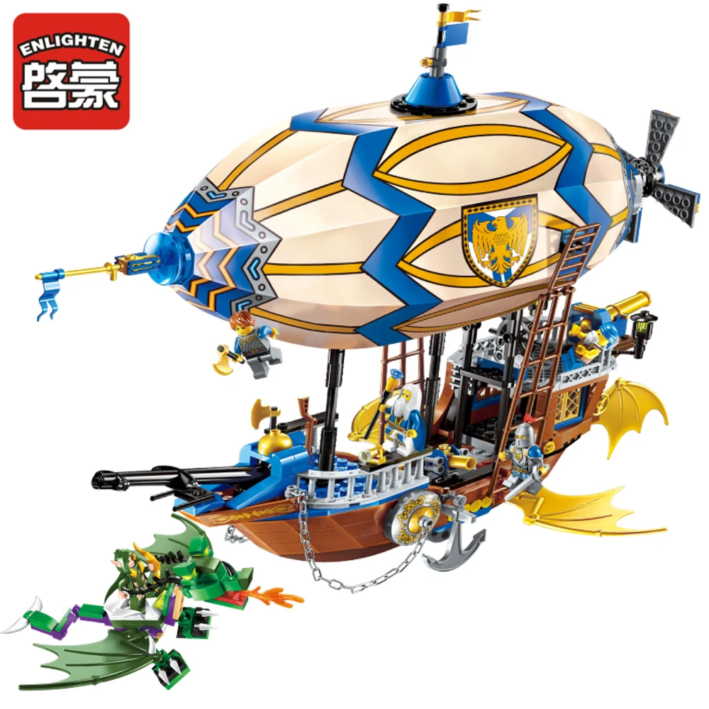 Enlighten Building Block War of Glory Castle Knights Sliver Hawk Balloon Ship 5 Figures 669pcs Educational Bricks Toy Boy Gift | Игрушки и