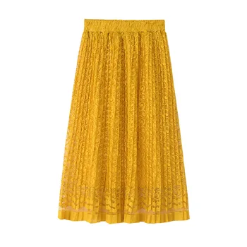 

Autumn New Floral Lace Crochet Long Pleated Skirt Sweet Candy A-line Pleated Long Skirt Female Elegant Green Pink Spring Skirts