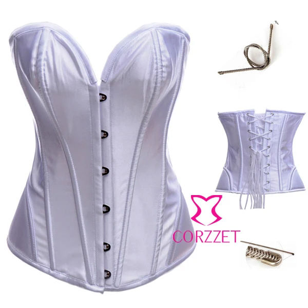 Bodysuit Women Top Fashion White Satin Overbust Corset Steel
