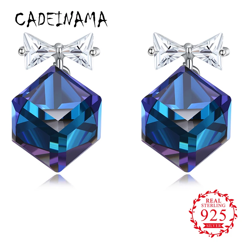 

CADEINAMA Fashion 100% 925 Sterling Silver Stud Earrings Bowknot Austria Crystal Earrings Girls Women Jewelry Wedding Best Gifts