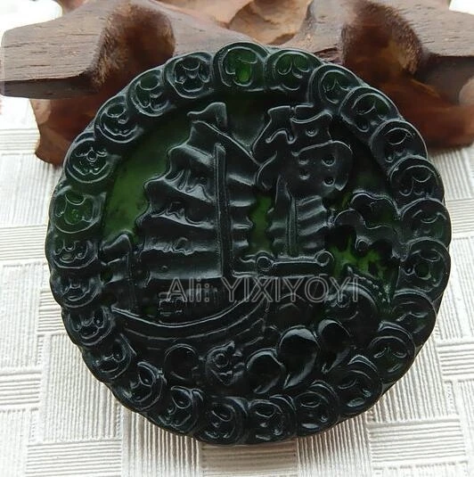 Beautiful Natural Black Green Stone Carved Chinese Smoothly Boat Lucky Blessing Pendant + Rope Necklace Fashion Jewelry | Украшения и