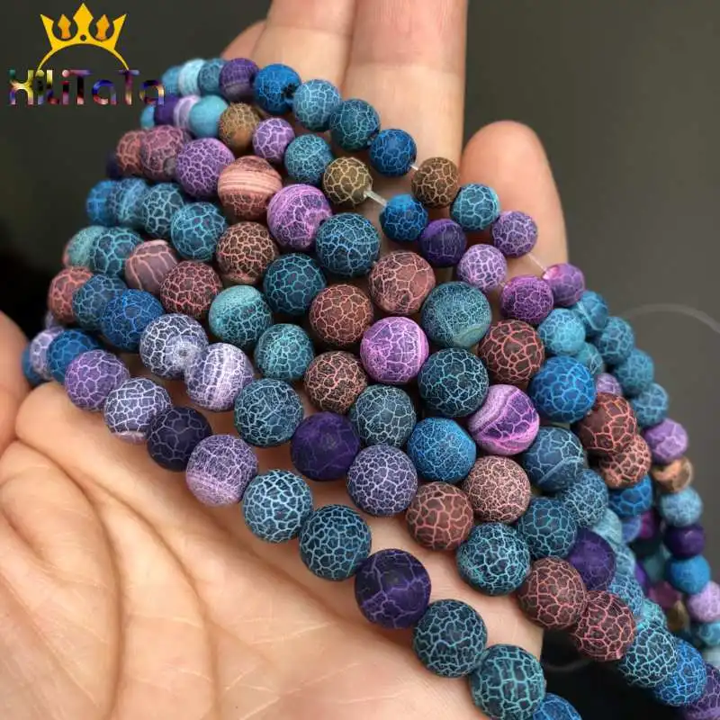 Natural Stone Beads Frost Colorful Cracked Dream Fire Dragon Veins Agates Beads For Jewelry Making DIY Bracelet 15‘’ 6/8/10mm