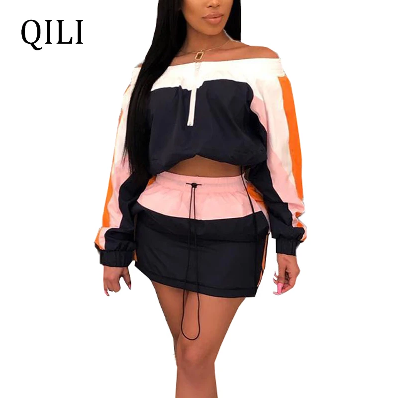 QILI Women Sexy Off Shoulder Long Sleeve Set Dress Zipper Patchwork Drawstring Two Piece Short Dresses Party Club | Женская одежда