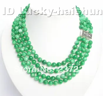 

Wholesale price FREE SHIPPING AD Genuine NEW 4row 8mm 17" round green jade necklace 925ss