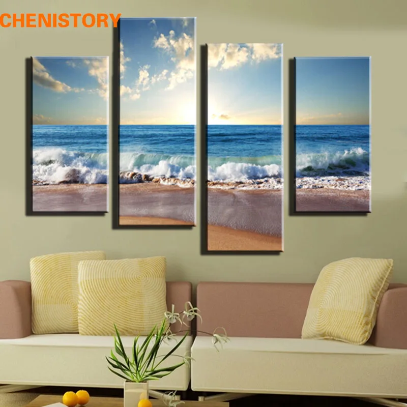 

4 Pieces Beach Seascape Modern Wall Painting For Home Decorative Art Print On Canvas Picture Artwork No Frame