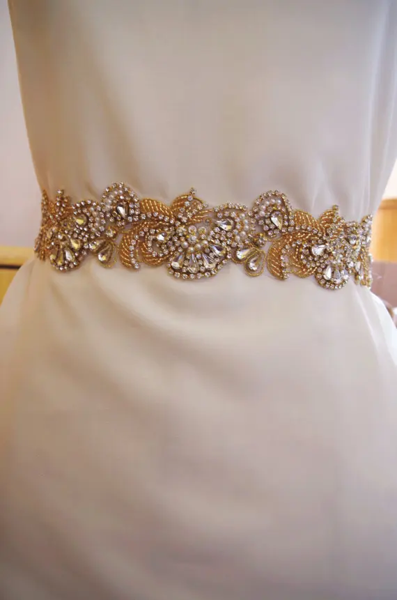 

2016 new arrival gold Rhinestone Sash belt trim, crystal bead floral sash, sash sell by YARD, hot selling 2pieces