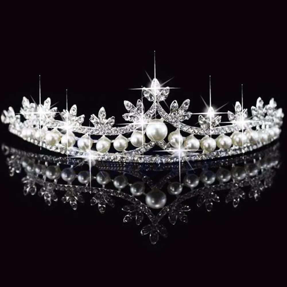Bridal Princess Rhinestone Pearl Crystal Hair Tiara Wedding Crown Veil Headband