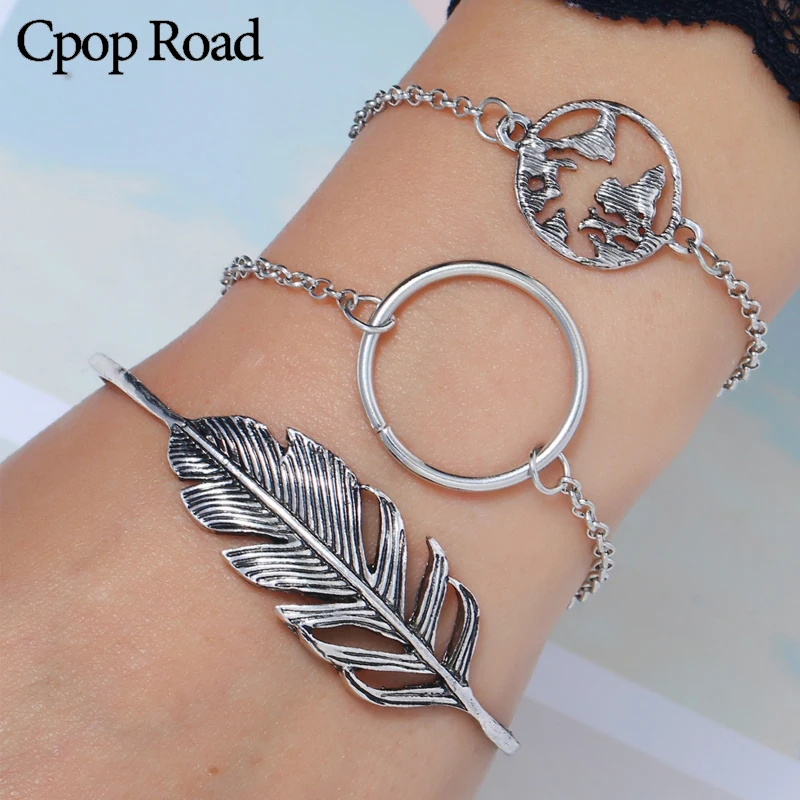 

Cpop Multilayer Boho Ethnic Vintage Bracelet Simple Silver Leaf Map Round Charm Bracelets Bangles Set Party Wedding Jewelry 2019