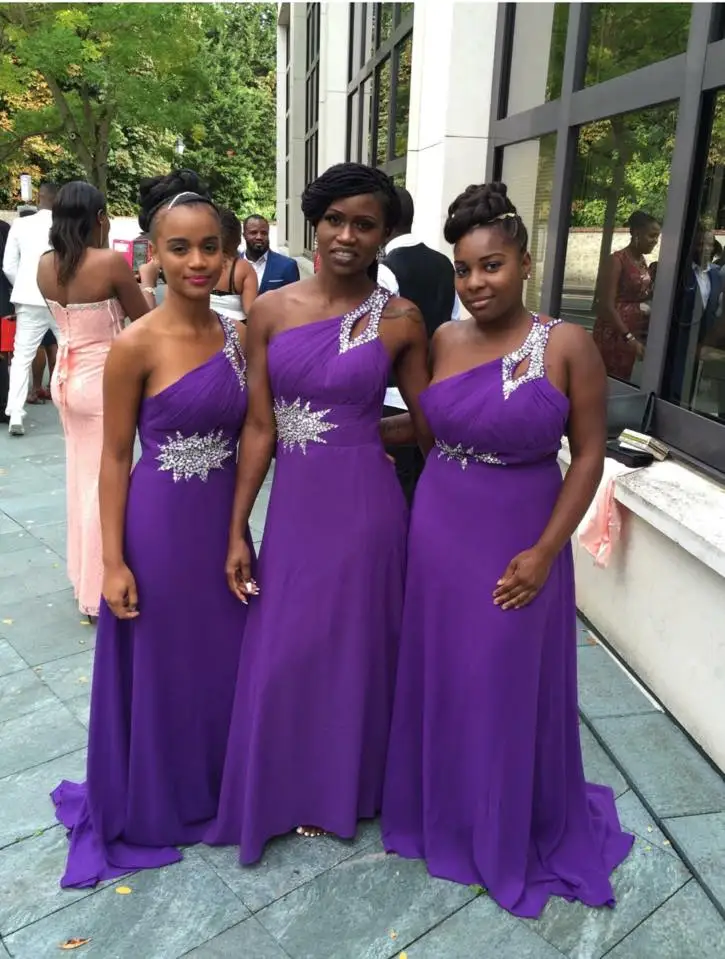 

One Shoulder Purple Chiffon Beach Long Bridesmaid Dresses 2019 Beaded Ruched A-line Summer Maids of Honor Dresses Wedding Party