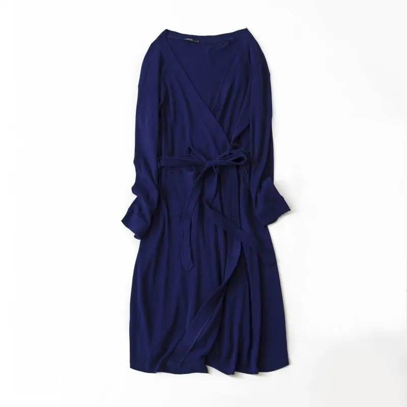 Весенние брендовые вафельные халаты, пижамы для влюбленных, Женский хлопковый Халат, парные халаты с длинным рукавом, женский халат с v-образным вырезом и поясом - Цвет: Blue