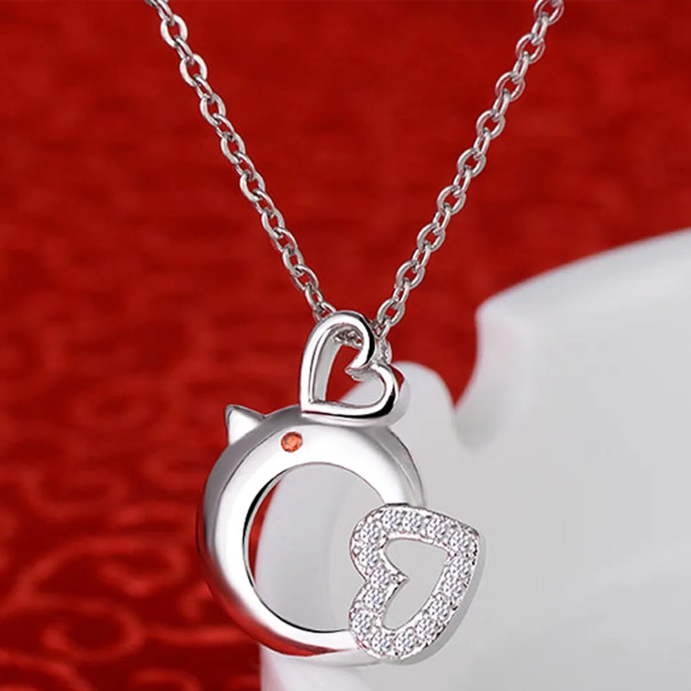Image 14*17.3mm Silver Plated Necklace female cartoon chicken CZ diamond love heart shape simple chain cute Pendant girlfriend gift