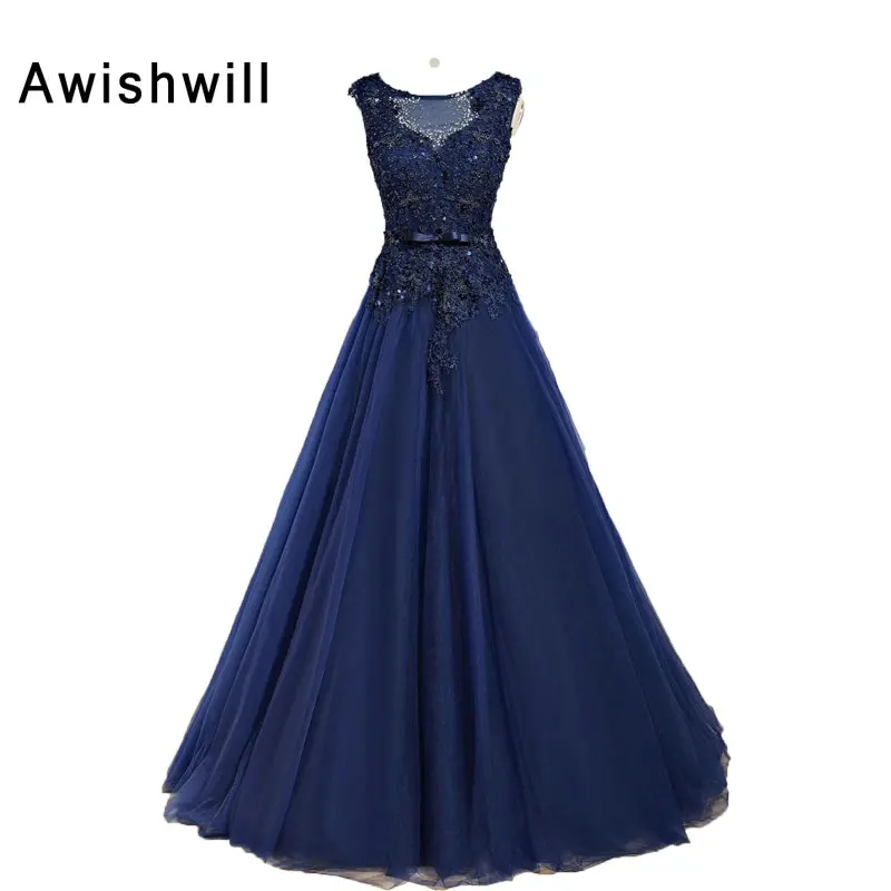 Темно-синие элегантное вечернее платье Для женщин аппликации Бисер Длинные Пром платья пикантные открытой спиной Вечерние платья Для