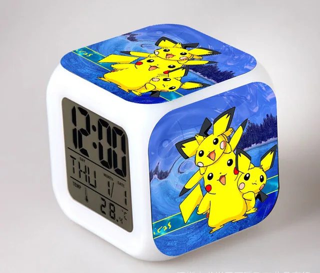 Pikachu Alarm Clocks, 3d Cartoon 7 color changing Alarm Clocks For kids room Bedside
