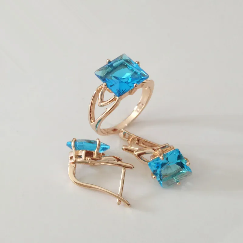 1set Sapphire Jewelry 585 Gold Women Jewelry Bridal Jewelry Sets Light Blue Zircon Gold Wedding Ring +Earring Jewelry Sets