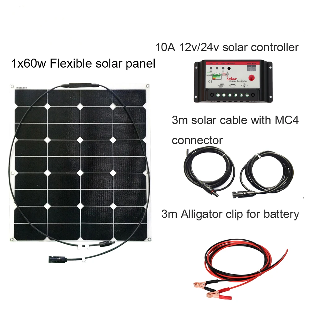 XINPUGUANG 60 Вт 20 в ETFE Поверхностная солнечная панель DIY RV лодка наборы солнечная система Гибкая 12 в 10 А Солнечный контроллер 3 м MC4 кабельный зажим