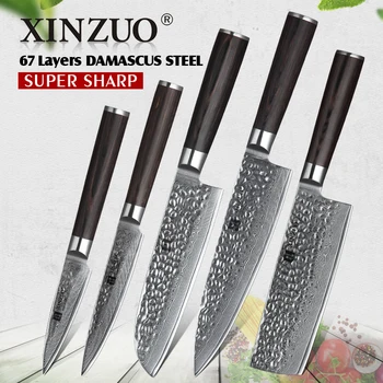 

XINZUO 5 PCS Kitchen Knife Sets 67 layers High Carbon Damascus Stainless Steel Knife Cleaver Chef Utility with Pakka Wood Handle