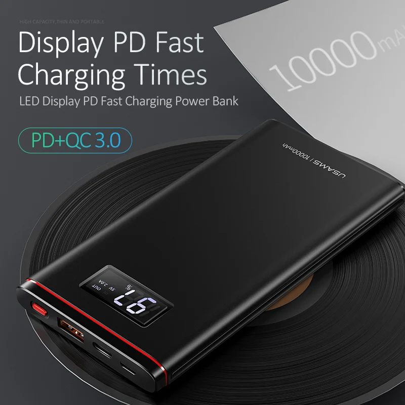 USAMS LED Power Bank 10000 мАч Тип C 18 Вт PD QC3.0 зарядное устройство Powerbank для Samsung Dual USB