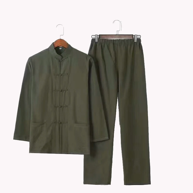 2PC Men's Chinese Dress Martial Arts Clothing Solid Kung Fu Suit 100% Cotton Loose Wu Shu Tai Chi Sets M-4XL Jacket+Long Pants YZT0808