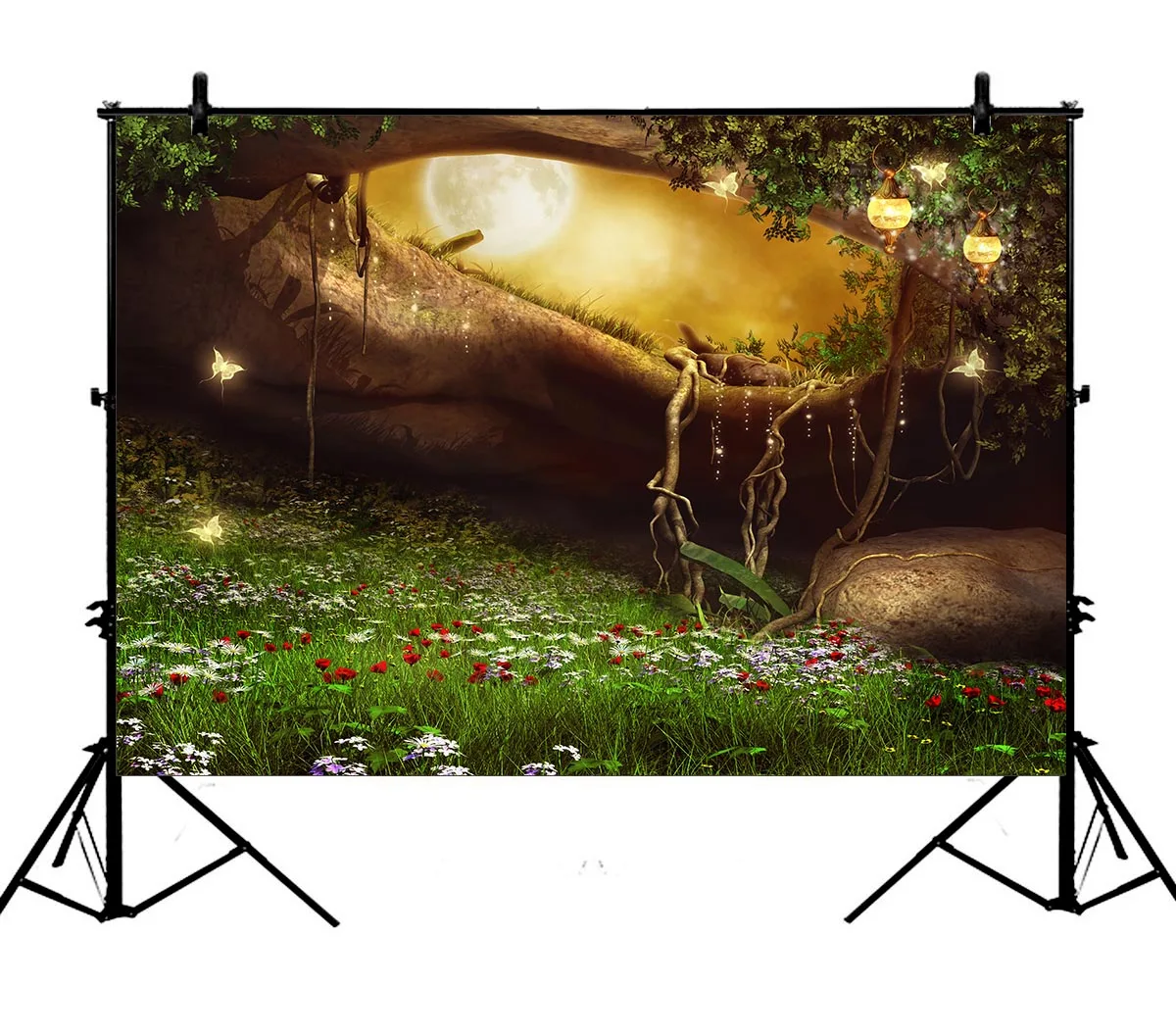 

5x7ft Enchanted Cave Ancient Tree Hole Roots Florets Grassland Polyester Photo Background Portrait Backdrop