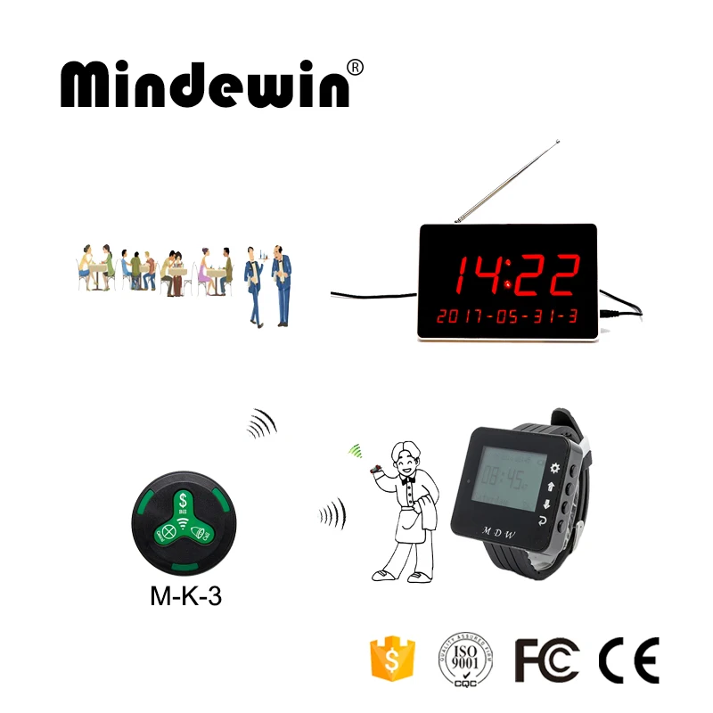 

Mindewin Wireless Restaurant Waiter Calling System 10PCS Call Buttons M-K-3 + 1PCS Watch Pager M-W-1 + 1PCS LED Display M-R-1