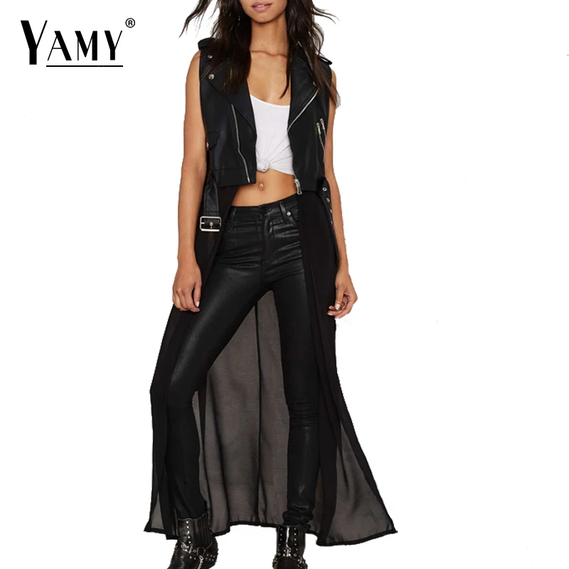 New sleeveless women jacket 2016 PU leather jacket+chiffon hem