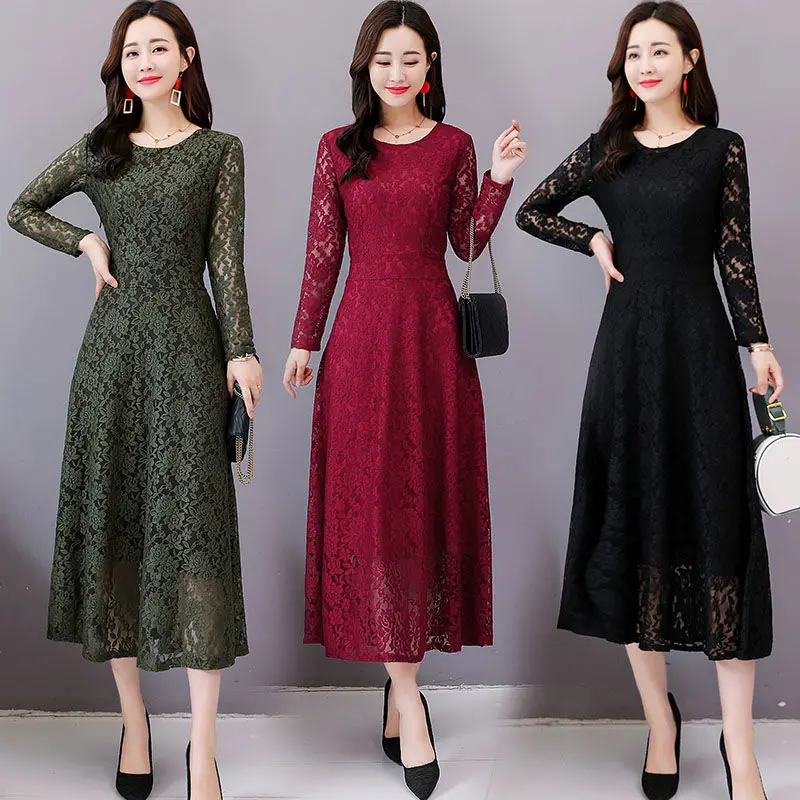 

Wine red,Black,Army Green Long Lace Dress 2019 New Korean Fashion Spring Autumn Women Long Sleeve Elegant Lace Dresses M-3XL