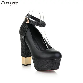 

ESRFIYFE 2019 NEW Fashion Summer Women Bling Wedding Party Shoes Ronud Toe Buckle Strap 4cm Plarform Pumps