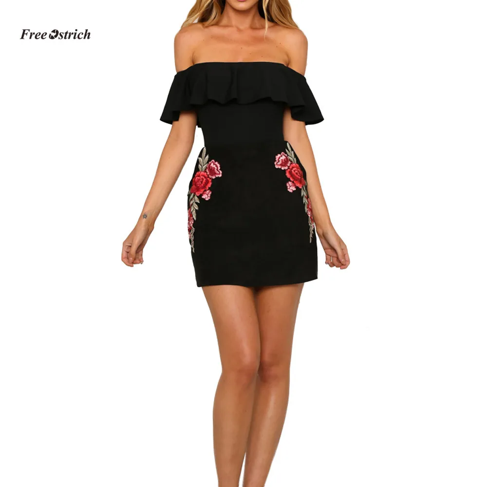 

Free Ostrich Dress Women Sexy Appliques Rose Print Sleeveless Slash neck Strap Mini Party new Summer Dresses Slim women Dress