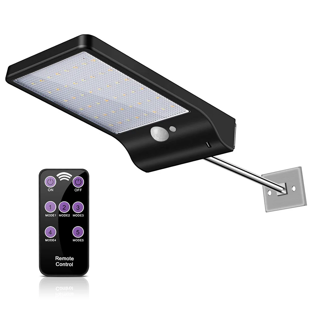 

Solar Street Lights 48 LEDs PIR Motion Sensor Waterproof Wall Lamp 7 Adjustable Color with Remote Controller for Outdoor Garden