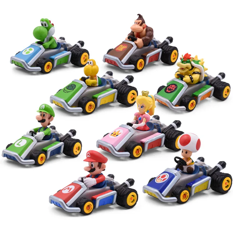 8 set/lot Anime Super Mario Bros Kart Pull Back Car Toad Luigi Yoshi PVC Action Figure Doll Collectible Model Baby Toy For Kids 