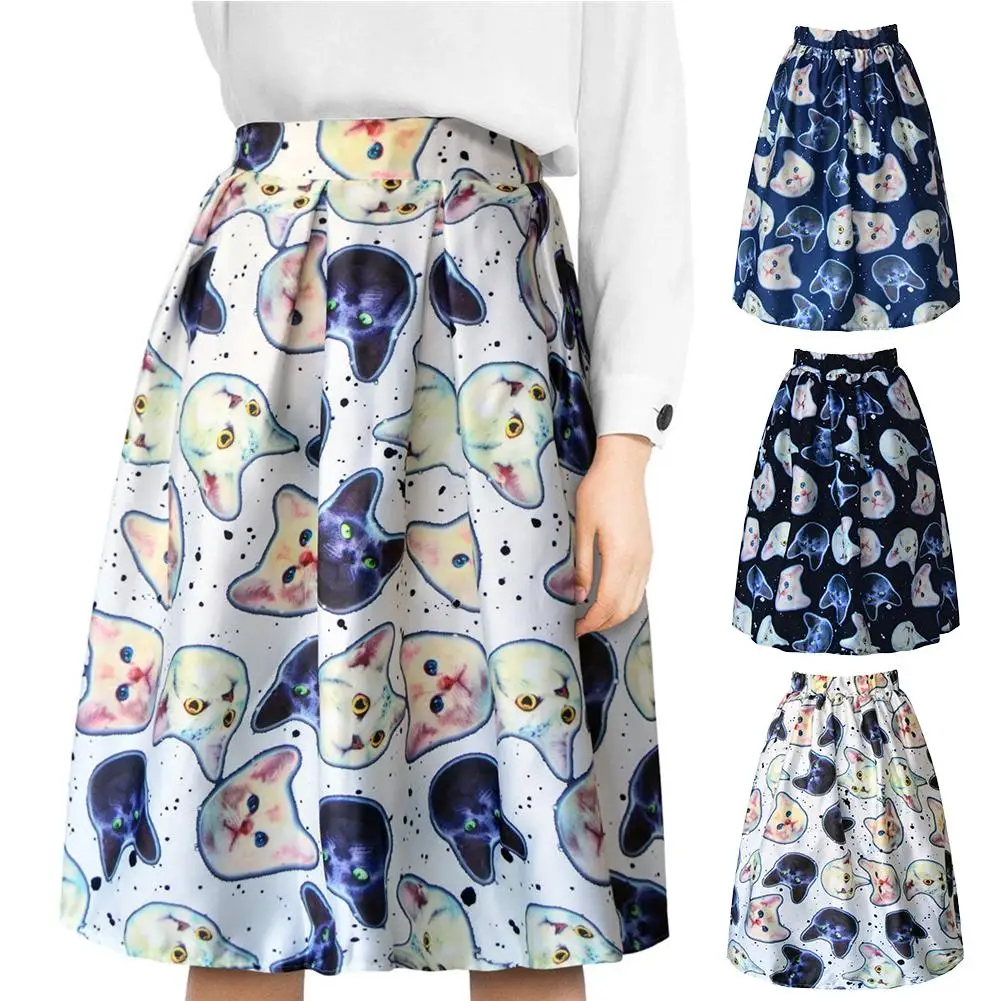

2018 New Style European American Casual Cat Print Zipper Lined A-Line Elastic Waist Loose Slimming Knee-Length Skirt