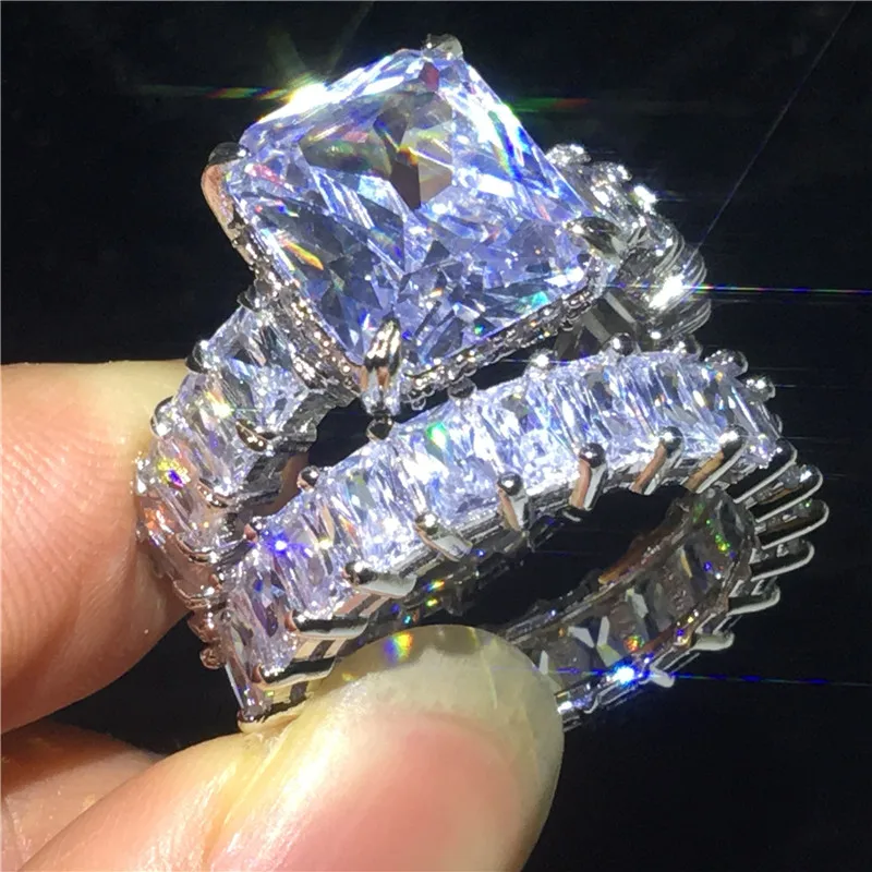 Choucong принцесса кольцо наборы 925 пробы серебро AAAAA cz обручальное кольца для мужчин и женщин вечерние ювелирные изделия на палец - Цвет основного камня: 2-in-1 Ring sets