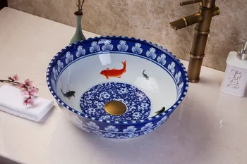 

Ceramic Painting Art Lavabo Bathroom Vessel Sinks Round counter top fish patterned ceramic sink Bathroom Sink