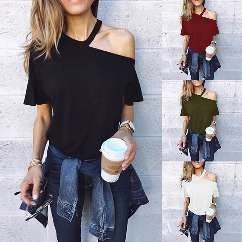 

New women's strapless T-shirt solid color sexy summer trend loose fashion comfortable female short sleeve
