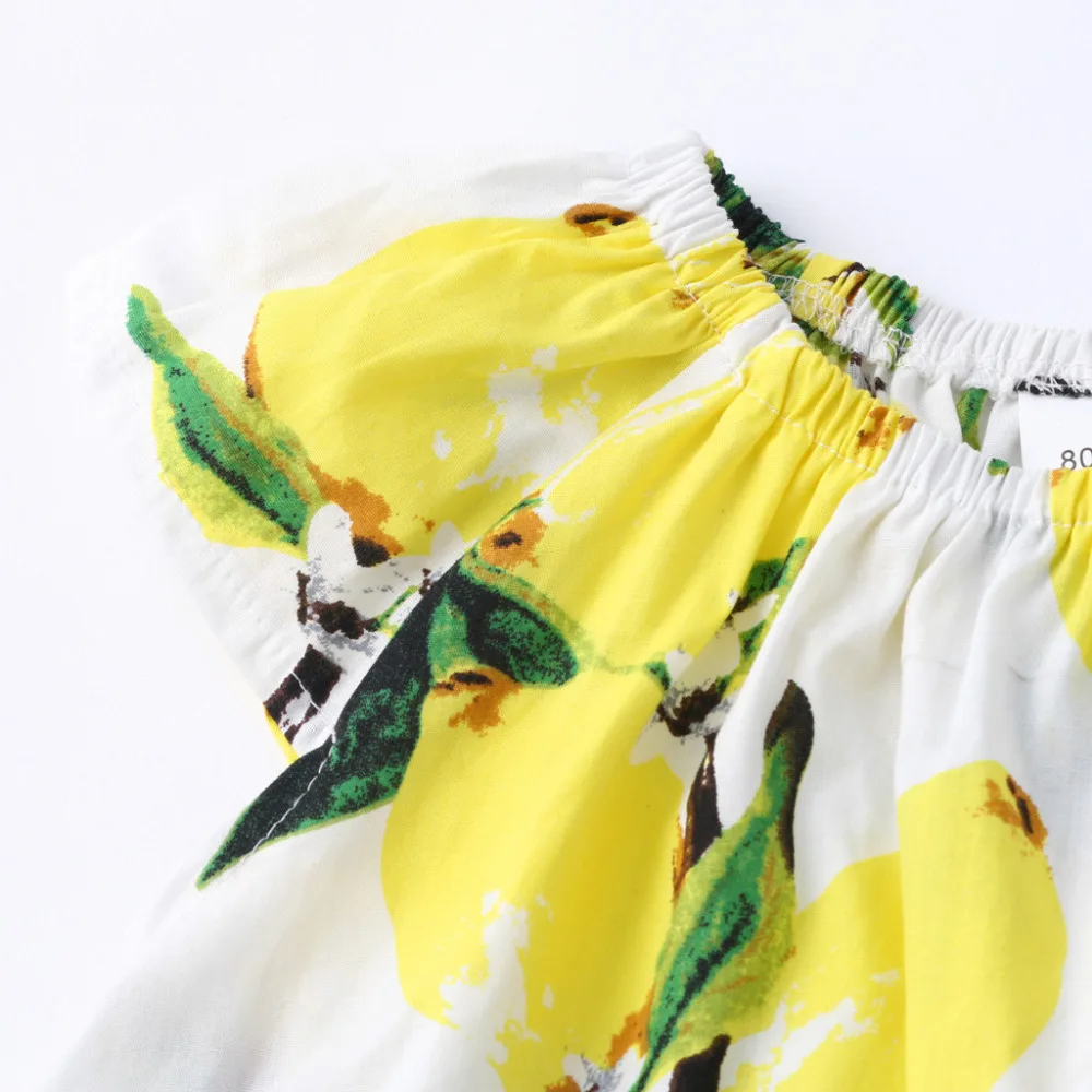 New Fashion Summer Childern Sets Toddler Baby Girls Fruits Lemon Print Ruffle Tops+Hole Denim Jean Shorts Outfits Girl Clothes