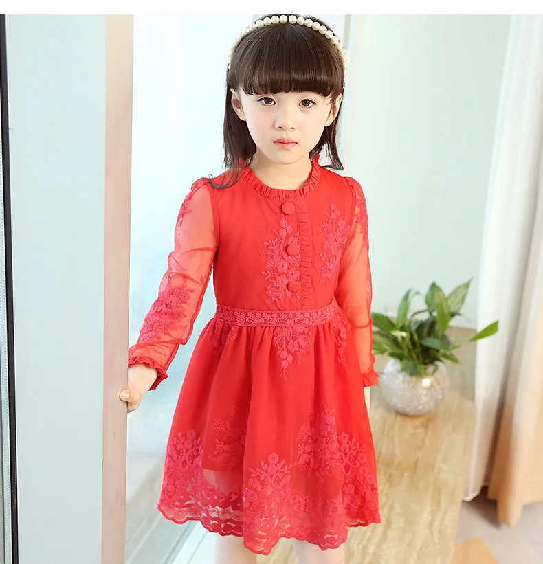 2017 Spring Girl Beautiful Lace Princess Dress Kids Cotton Red Girls Dress For Party Wedding Embroidery