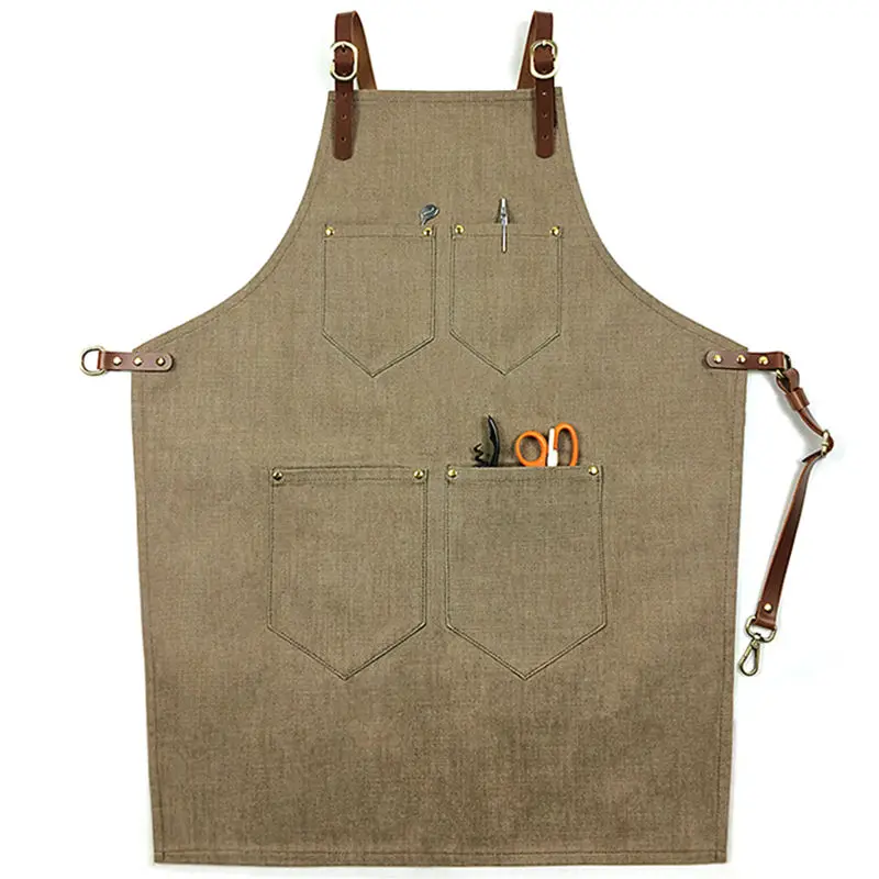 Brown Denim Bib Apron w/ Y Leather Strap Barber Barista Florist Chef