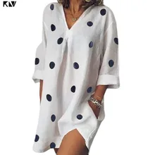 KLV verano enrolladas de manga larga Mini blusa vestido Vintage dibujo de lunares lado Split Sexy cuello pico túnica Tops con bolsillos S-3XL