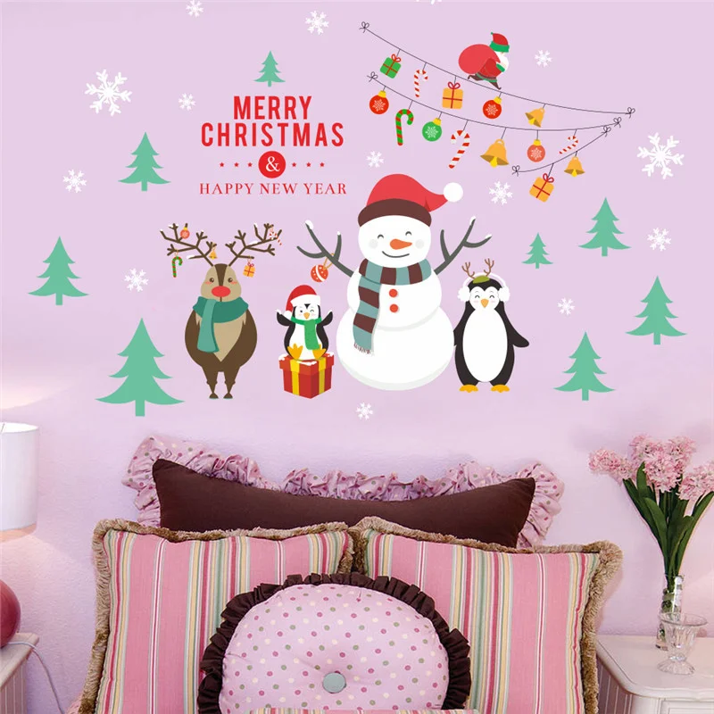 Милый пингвин снеговик оленей праздновать Рождество стены стикеры для магазин Рождество дома фестиваля украшения детская комната Wall Art