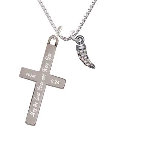 Black Nickel Tone Small AB Crystal Sabre Tooth - Bless and Keep You - Cross Necklace (1)
