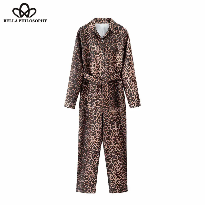Wonder 2018 new autumn Vintage Leopard Print With Sashes Jumpsuits Lapel Collar Animal Pattern Pockets Rompers Casual Body Femme