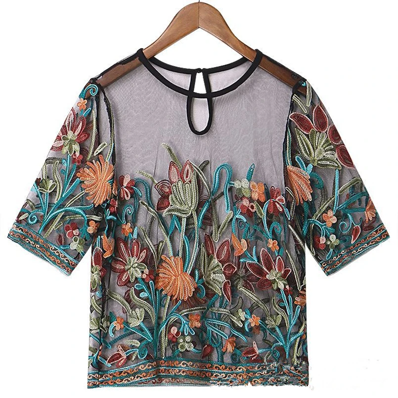 

2019 Bohemian Style Short Transparent Women Mesh T-Shirt Plus Size Heavily Embroidered Summer Top Shirt 5XL Camiseta Mujer