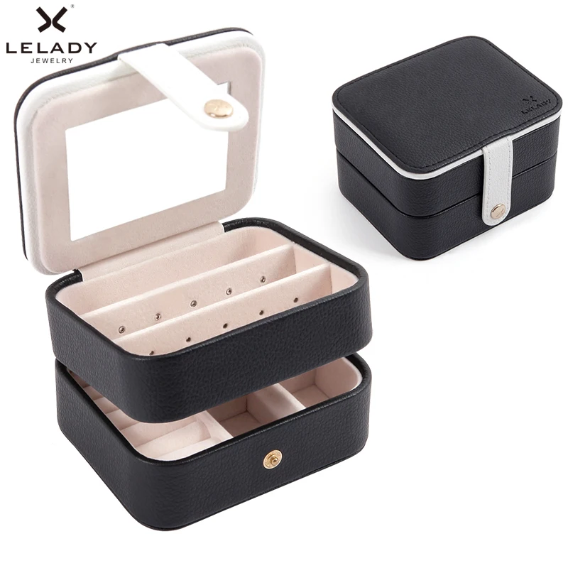 

LELADY Portable Travel Small Jewelry Box Multifunction Three Layers Storage Organizer Box with mirror Leather Box for Jewelry